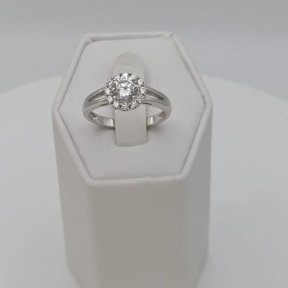 Vtg CN Signed 925 Sterling Silver Ring Halo Cubic Zirconia Split-Shank Size‎ 7